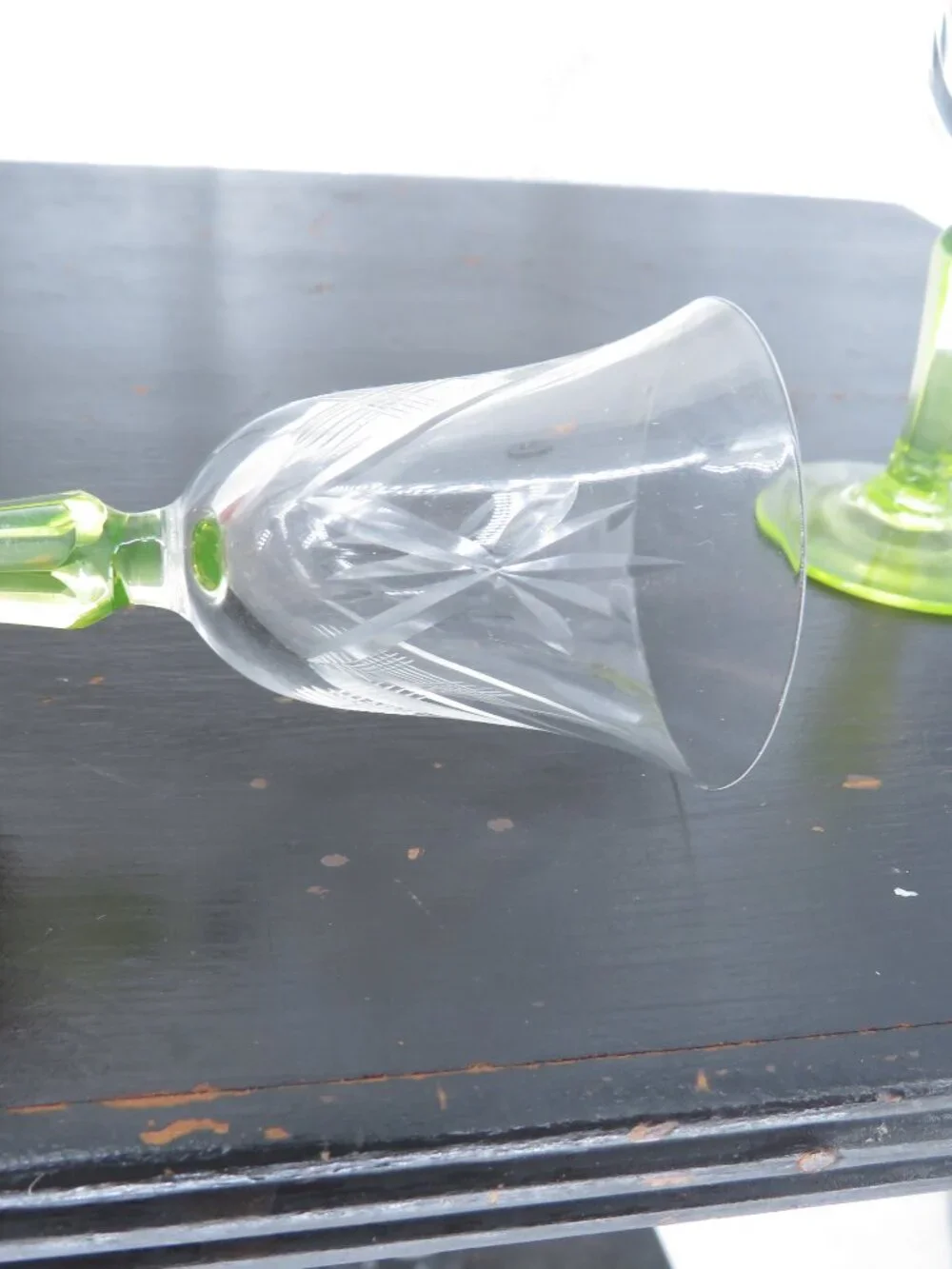 Vintage Green Stemmed Cordial Glasses 2 Cut Crystal Clear 4.5in Aperitif Glass